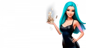 Изображение женского персонажа, держащего стопку монет, рекламирующего приветственный бонус в онлайн-казино BitStarz в игривом и привлекательном стиле.